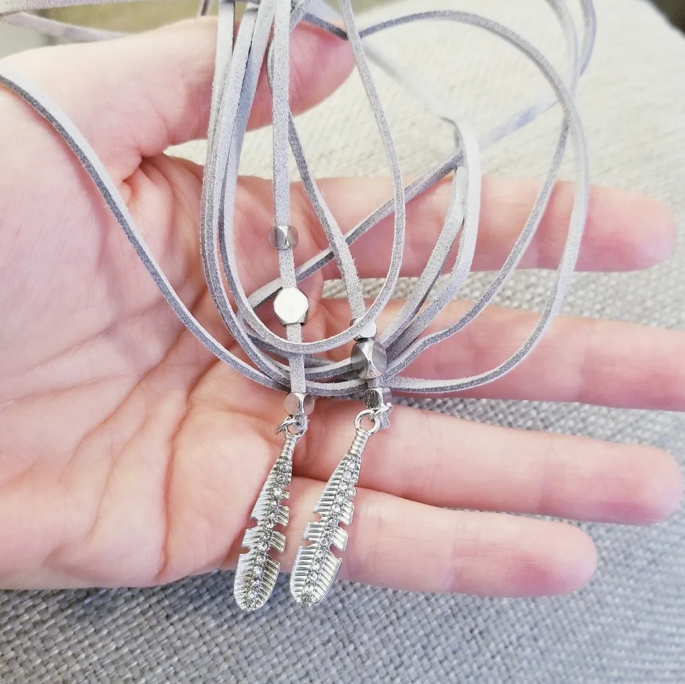 Vegan Leather Feather Long Wrap Necklace Choker - Picture 2 of 4